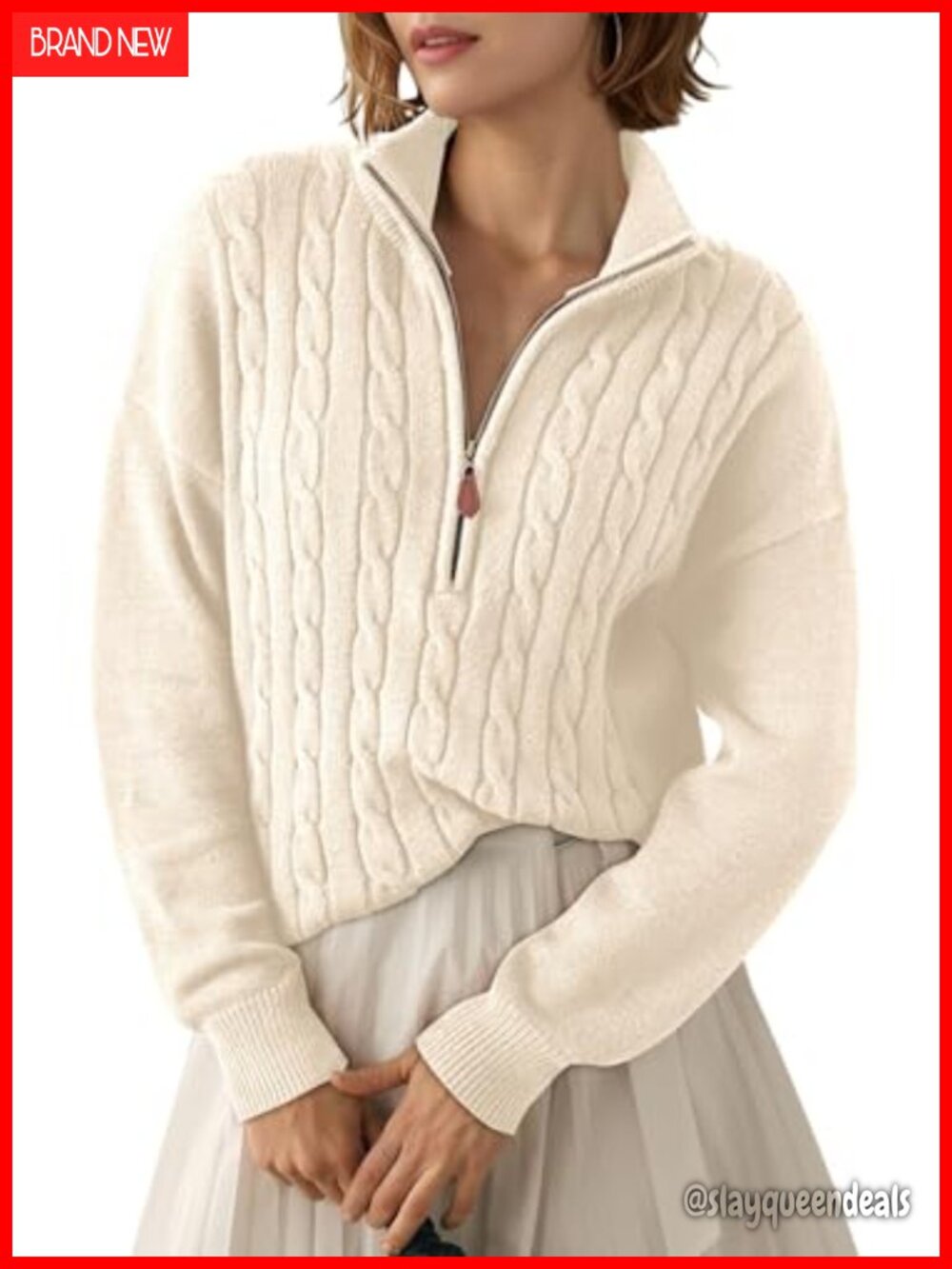 Women's Ribbed Cable Knit Quarter Zip Pullover Sweater